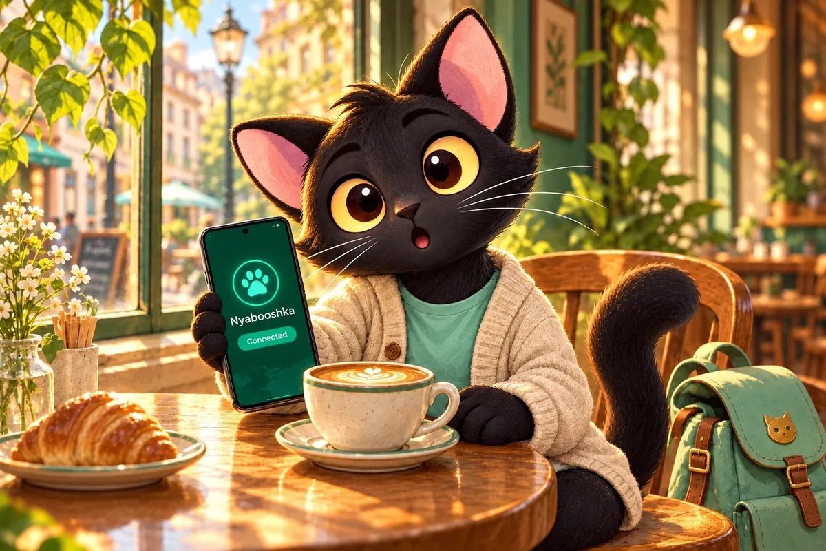 Nyabooshka в уютном кардигане показывает Android-телефон за столиком кафе