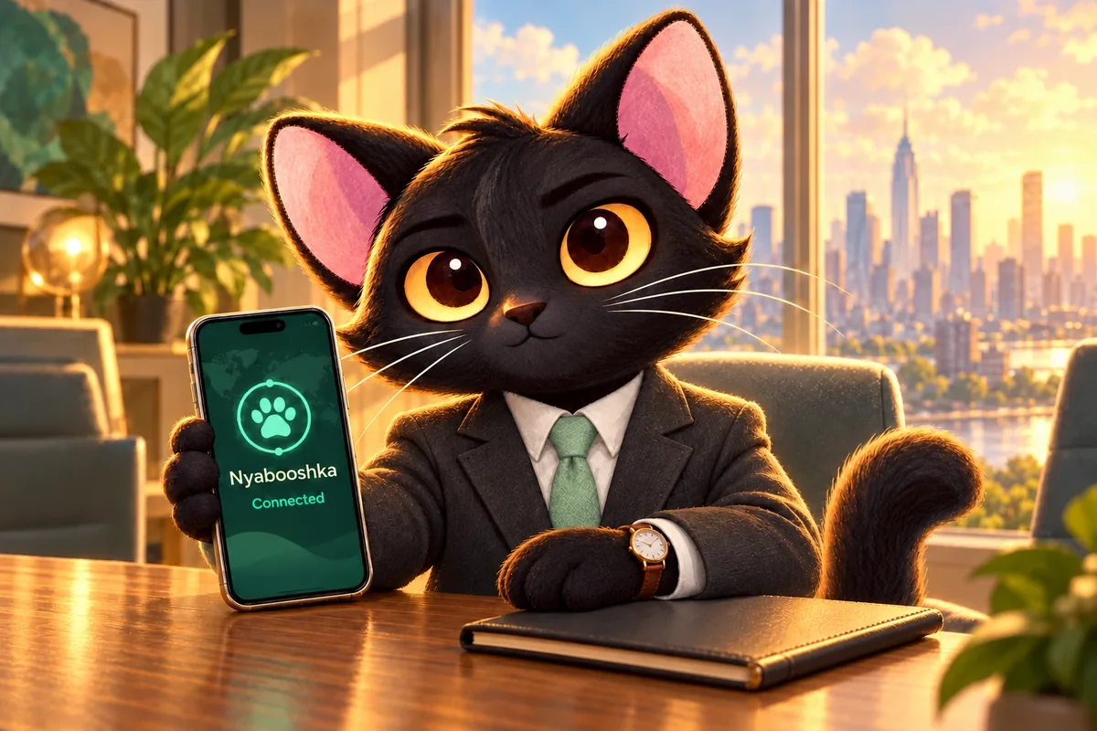 Nyabooshka в пиджаке и с наручными часами показывает VPN на iPhone