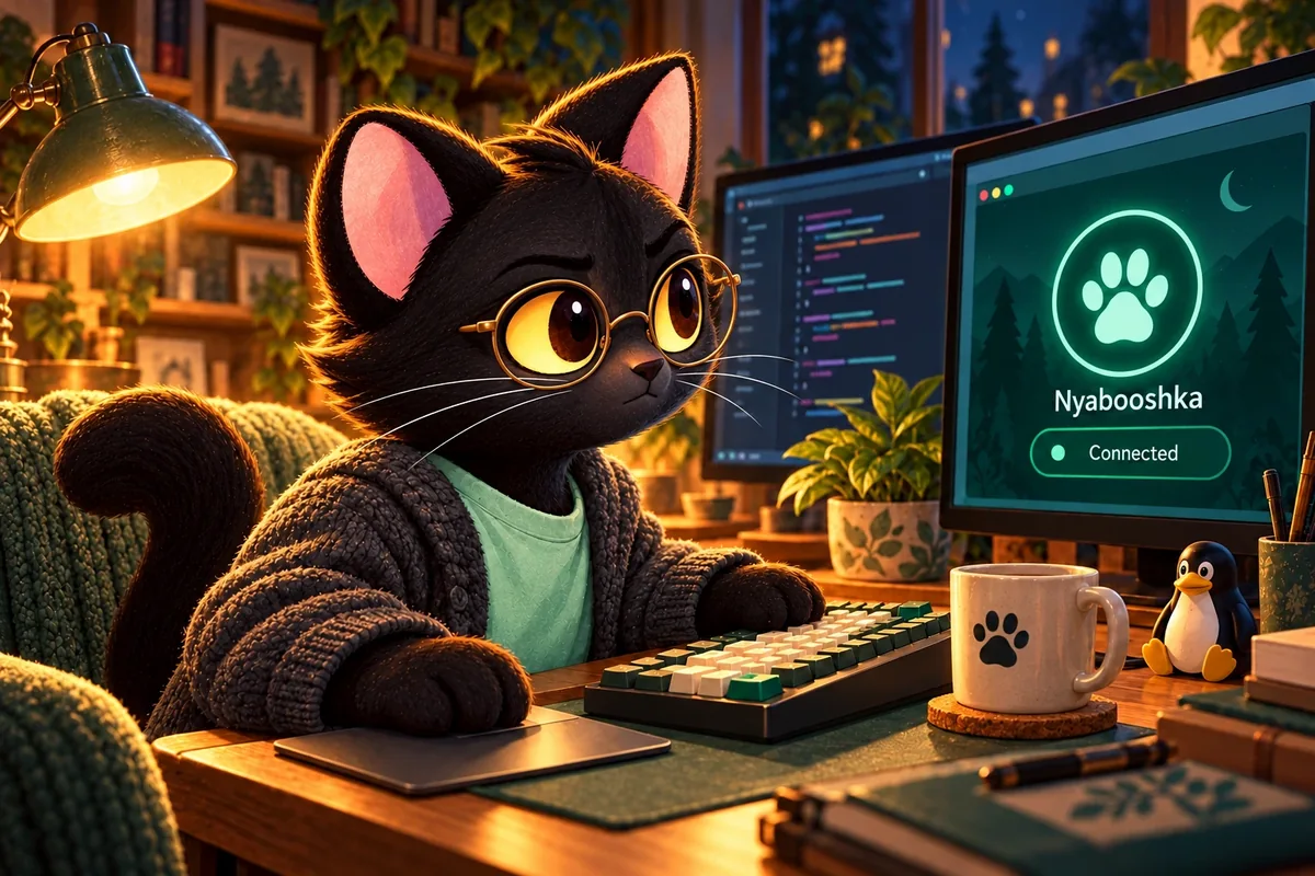 Nyabooshka в круглых очках работает за компьютером с Linux