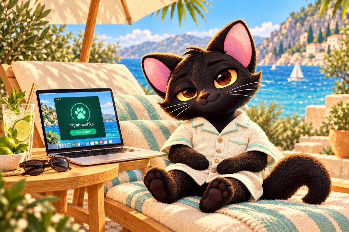 Nyabooshka в льняной рубашке отдыхает на шезлонге рядом с MacBook и солнечными очками