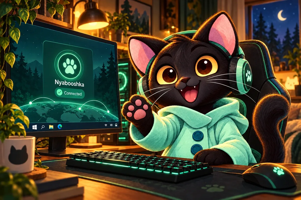Кот Nyabooshka в игровых наушниках приветствует вас за компьютером